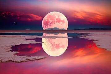 Poster - Shiraz, Iran's Maharlu pink salt lake, at sunset during a full moon.