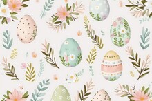 Seamless Easter Egg Pattern In Pastel Colours - Minimalist Leaf Background Design Generative AI Illustration