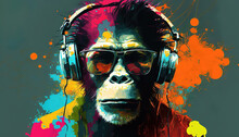 Portrait Of A Party Monkey Ape With Headphones On A Colorful Abstract Background, Generative Ai