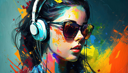 Wall Mural - portrait of a beautiful woman with headphones on a colorful abstract background, generative ai
