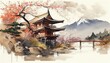 Japanese traditional building near river and mountains with sakura, Generative AI watercolor Japan nature landscape