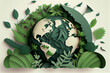 Umwelt- Konzept zum Tag der Erde: Menschliche Hände, halten die Erde vor einem grünen und ökologisch nachhaltigen Hintergrund, Vektor Illustration - Generative Ai
