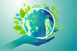 Umwelt- Konzept zum Tag der Erde: Menschliche Hände, halten die Erde vor einem grünen und ökologisch nachhaltigen Hintergrund, Vektor Illustration - Generative Ai