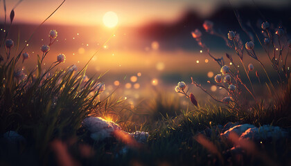 Canvas Print - sunset lights in the grass background, generative ai