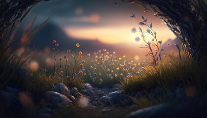 Canvas Print - sunset lights in the grass background, generative ai