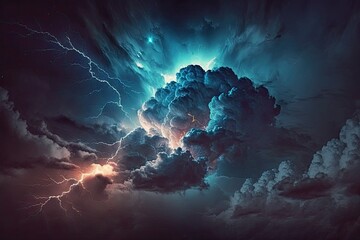 Poster - Thunderstorm sky background with dark clouds and flashing lightning. Generative AI