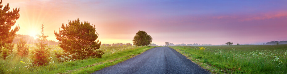 Canvas Print - Asphalt road with dramatic sunset in countryside in summertime.