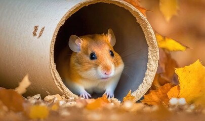 Sticker -  a small rodent is peeking out of a tube in the leaves.  generative ai