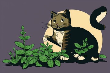 Wall Mural - Outdoor shot of a cat and a catmint plant. A female cat with long fur is sitting behind a catnip plant, paw outstretched in the air. Strategy for preventing cats from eating young catnip plants. Atten