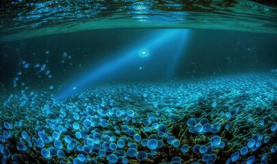  an underwater view of a coral reef with blue lights shining from the water.  generative ai