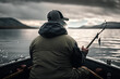 An old man fishing on boat in lake.Back view.Blurred forest and lake background.Created with generative ai