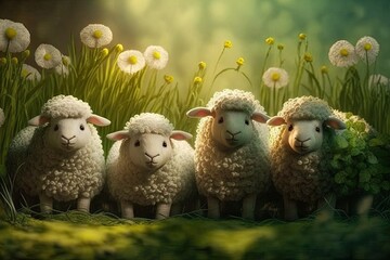 Wall Mural - a herd of adorably wooly lambs frolicking in the early morning sunshine on a lush green spring. Generative AI