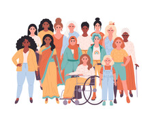Crowd Of Woman Of Different Races, Nationalities, Ages, Body Types. Woman With Physical Disability. International Women's Day. Social Diversity Of People In Modern Society. Vector Illustration In Flat