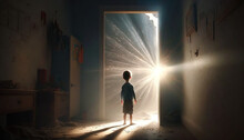 A Silhouette Of A Young Boy In Impoverished Conditions Standing In A  Doorway With The Divine Light Shining On Him. Generative Ai.