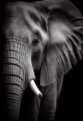 Wall Mural - Schwarz weiß Portrait von einem Elefant. Perfektes afrikanisches Wandbild - Generative Ai