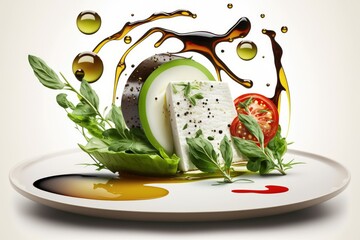 Poster - Salad plate with rocket or arugula, cherry tomatoes, avocado slices, Mozzarella Italian cheese, and balsamic vinegar and olive oil levitates or floats in the air. Generative AI