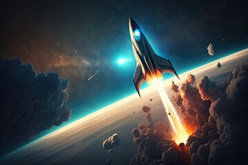 Poster - Spaceship blasts off into the horizon. Generative AI