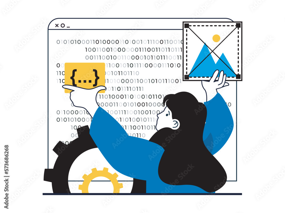 Vector de Stock Web development concept with character situation. Woman ...