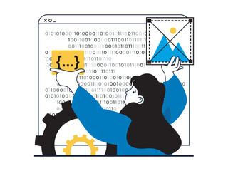 Poster - Web development concept with character situation. Woman developer coding and creates layout, builds site and placing content elements. Vector illustration with people scene in flat design for web