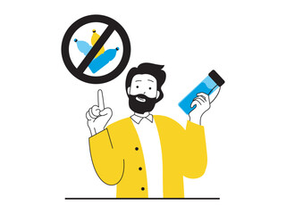Leinwandbilder - Zero waste concept with character situation. Man refuses plastic and uses glass bottle for drinking water, protecting the environment. Vector illustration with people scene in flat design for web