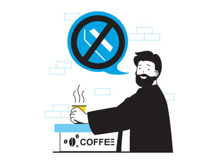 Leinwandbilder - Zero waste concept with character situation. Man drinks coffee from paper cup and refuses plastic straws, care ecology and environment. Vector illustration with people scene in flat design for web