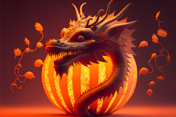 Chinese dragon on orange background created with generative AI technology