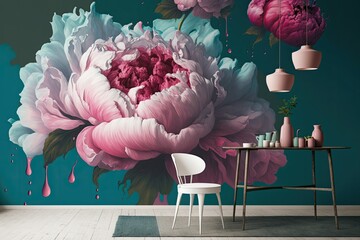 Wall Mural - Peonies in flamingo fashion, against a white backdrop with pink spots Interior 'foo wallpaper'. Generative AI