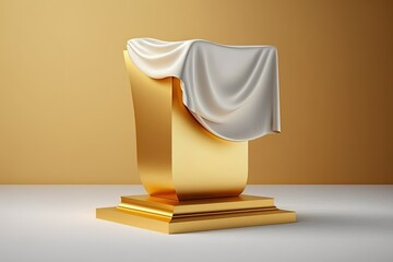 Sticker - Pristine luxury concept, with golden fabric draped over a blank podium shelf atop a golden pedestal. Generative AI