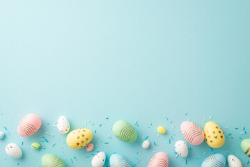 Wall Mural - Easter celebration concept. Top view photo of colorful easter eggs with creative design and sprinkles on isolated pastel blue background with blank space