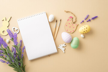 Easter concept. Top view photo of drawing block paintbrushes colorful easter eggs wooden decor easter bunnies chicken and lavender flowers on isolated beige background with empty space