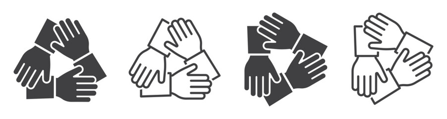 Set of teamwork icons. Three hands support each other, solidarity symbol, collaboration, unity hands. Partnership, business friendship, support. Vector.