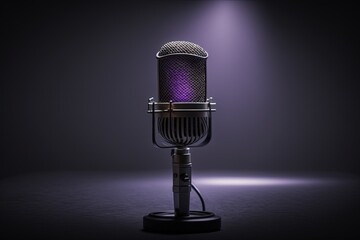 Wall Mural - A close up of a microphone in front of a studio backdrop. Singers and musicians in the workplace. Equipment for recording voices, speeches, and instrument sounds, including a microphone stand and a pa