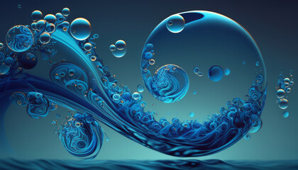 Wall Mural - Blue Abstract water waves with bubbles and swirls. Generative AI illustration