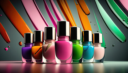 Colorful nail polish bottles, fashion trendy illustration. Generative AI