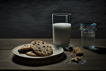 Sticker - At the table, there is a glass of clean milk and a plate of cookies; the mood is set with the dim lighting and the foreboding fare. Selective focus photography. Generative AI