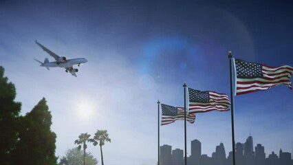 Wall Mural - airplane landing in new york, usa. a generic passenger plane lowering its landing gears approaching 