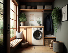 A Modern And Organic Wood Laundry Room | Generative AI