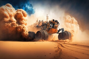 Poster - The Mars rover is on the planet's surface as a dust and sandstorm is occurring. An image shows a robotic spacecraft in operation on the surface of Mars. Astronomy, space travel, and scientific inquiry