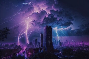 Canvas Print - Purple light thunders over city during storm. Generative AI