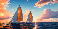 Beautiful Luxury Sail Yachts In The Open Sea In Warm Light Of Sunset. Golden Hour. AI Generative