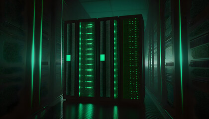 Data center server racks room. Datacenter cloud web storage green computer.
