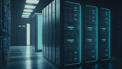 Cyber data server racks room with big data computer center. Blue corridor interior for hosting storage hardware system.