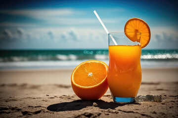 Generative AI Glass orange juice summer beach