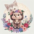 a picture of two small hedgehogs with flowers on their heads and a floral wreath around them, ai generated
