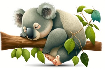 Canvas Print - illustration of a cute koala bear dozing off on a tree branch. Generative AI