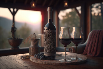 A bottle of Georgian red wine and two glasses on the veranda. Photorealistic illustration generated by AI.