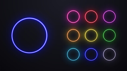 Wall Mural - A set of neon colored bright circles on a dark background. Nine shiny rounded patterns.