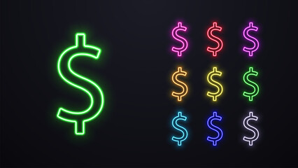 Wall Mural - A set of neon dollar icons in different colors. Logos of the US dollar currency for casinos.