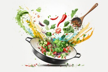 Wall Mural - Ideas related to the kitchen. Isolated against a white background, vegetables are exploding from a frying pan. Nourishing fare. Generative AI