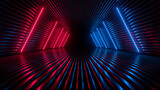 Fototapeta Do przedpokoju - Sci Fy neon glowing lines in a dark tunnel. Reflections on the floor and ceiling. 3d rendering image. Abstract glowing lines. Techology futuristic background.